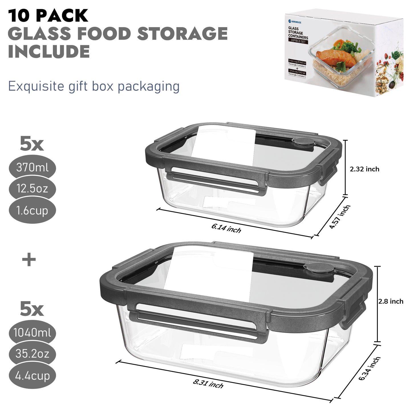 10-Pack Containers Glass Containers with Glass Lids BPA Free, Leak Proof Food Container(Grey)