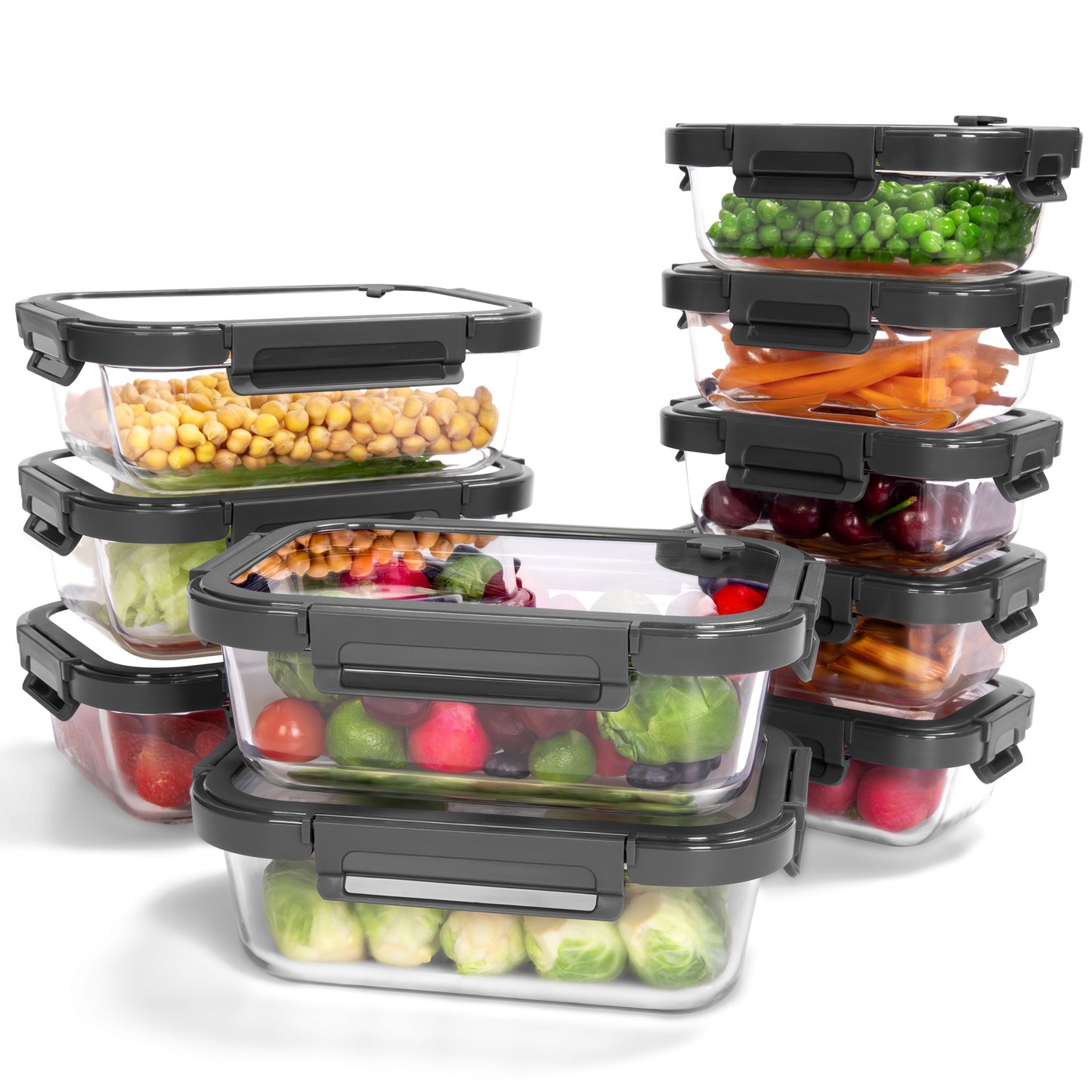 10-Pack Containers Glass Containers with Glass Lids BPA Free, Leak Proof Food Container(Grey)