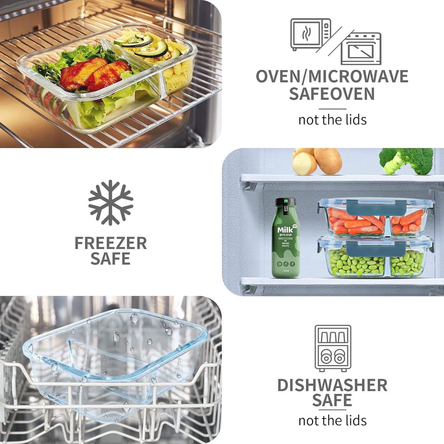 Glass Meal Prep Containers 2 Compartments,Glass Food Storage Containers with Lids,Airtight Lunch Bento Boxes,Microwave,Oven,Freezer and Dishwasher Safe