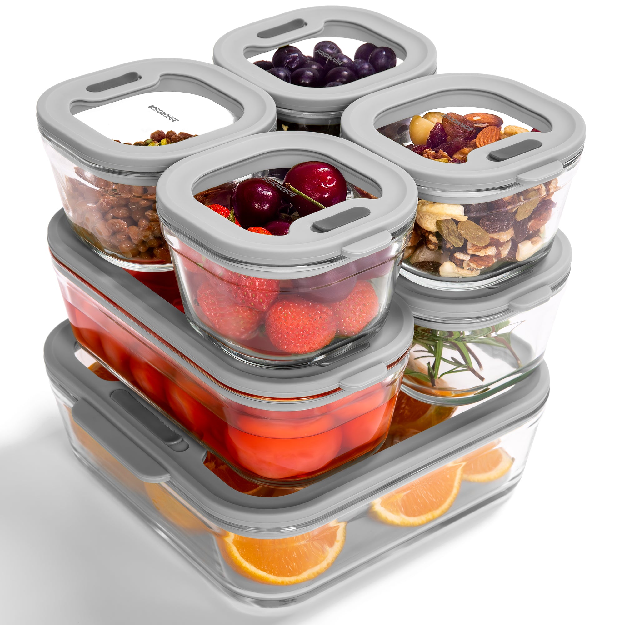 7-Pack Glass food storage container with silicone glass lid, includes gas valve, BPA-free, leak-proof food container（Grey）