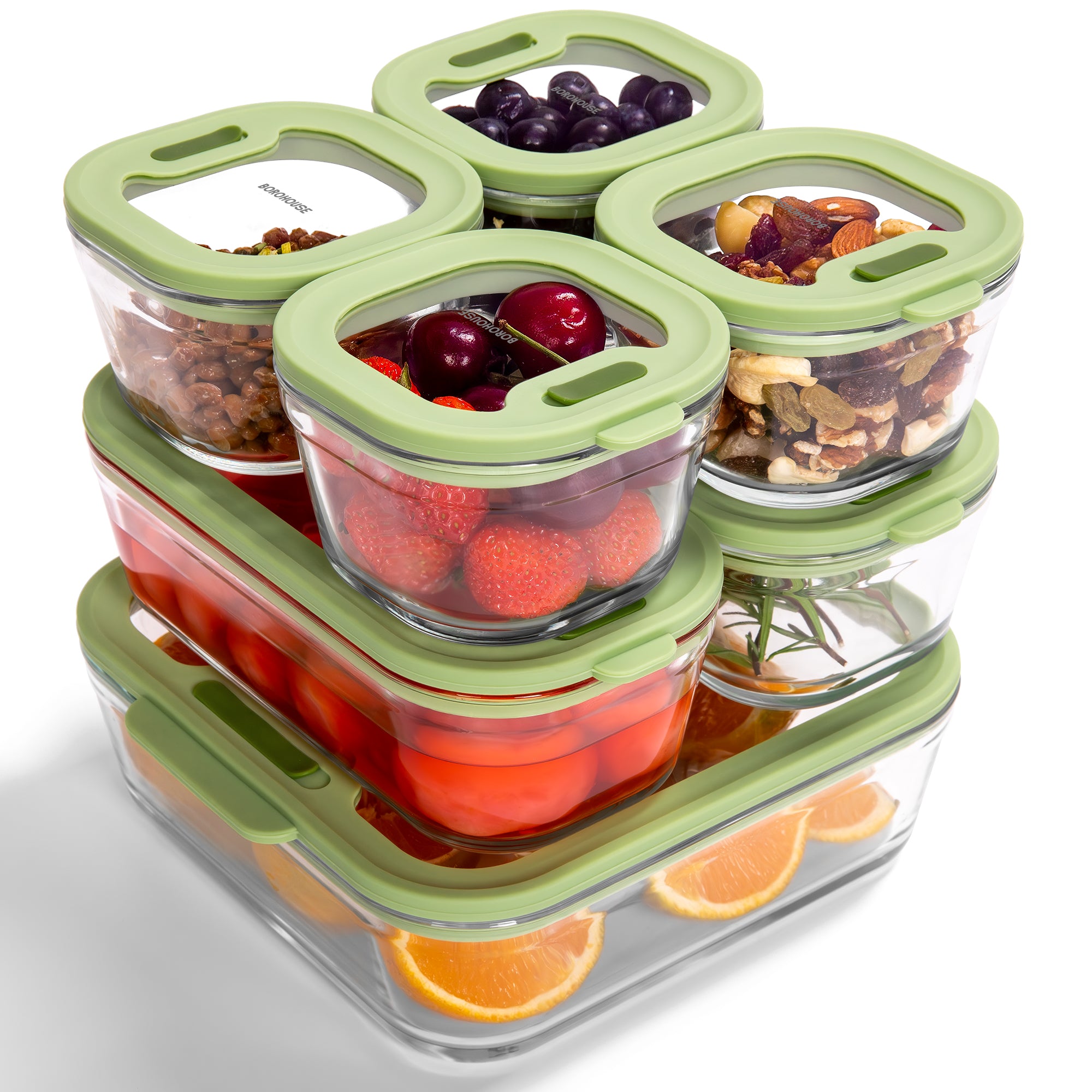 7-Pack Glass food storage container with silicone glass lid, includes gas valve, BPA-free, leak-proof food container（Green）