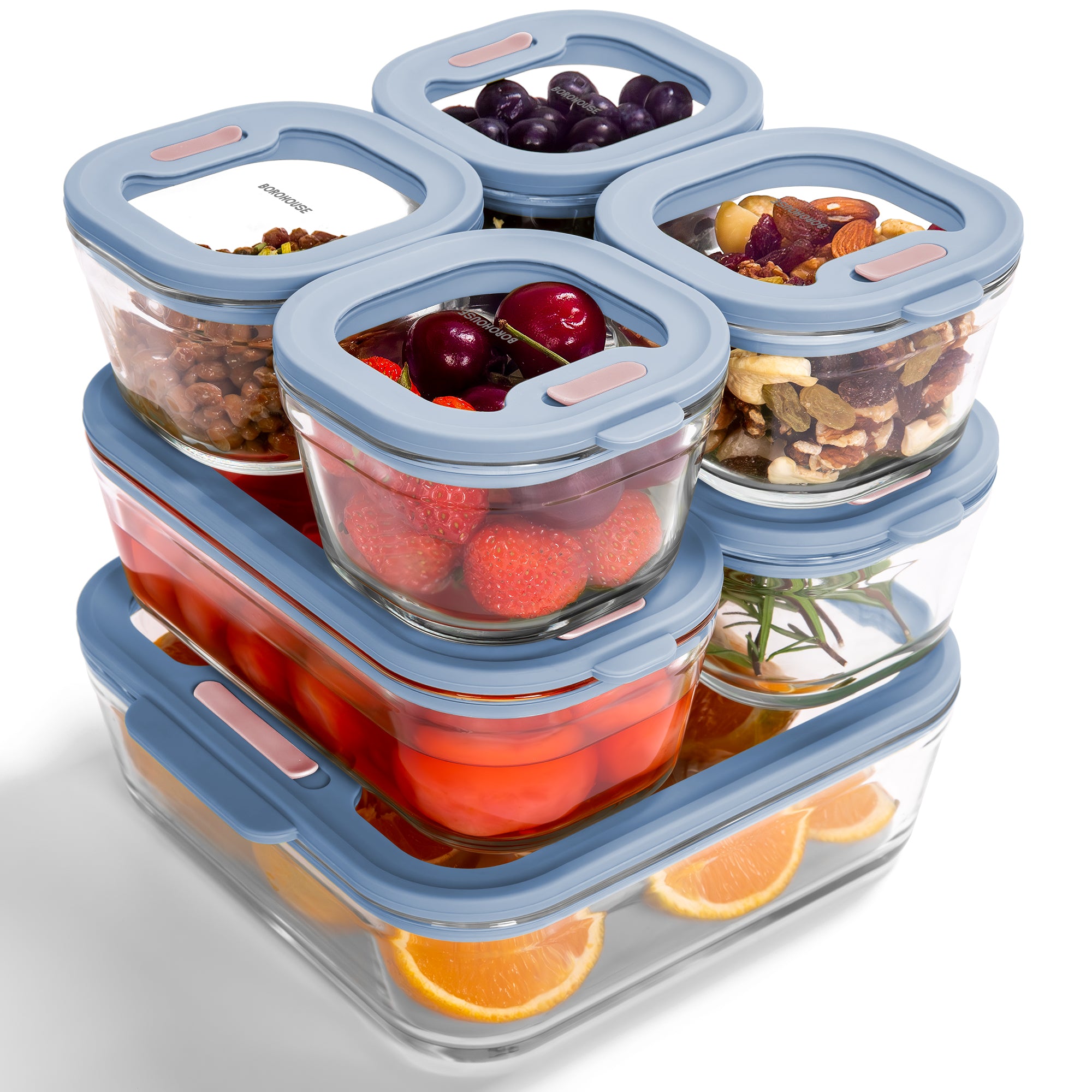7-Pack Glass food storage container with silicone glass lid, includes gas valve, BPA-free, leak-proof food container（Skyblue）