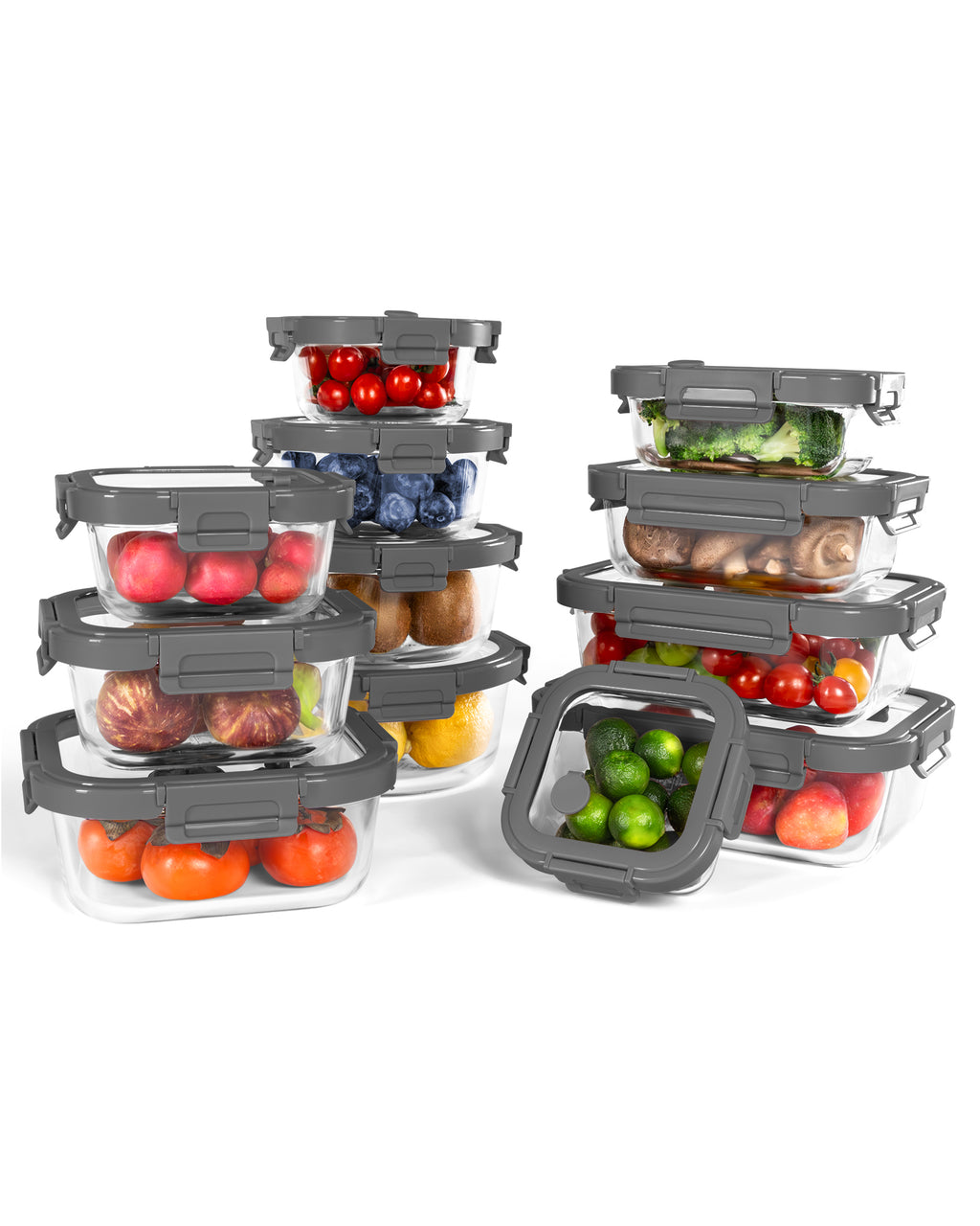 12-Pack Containers Glass Containers with Glass Lids BPA Free, Leak Proof Food Container（Grey）