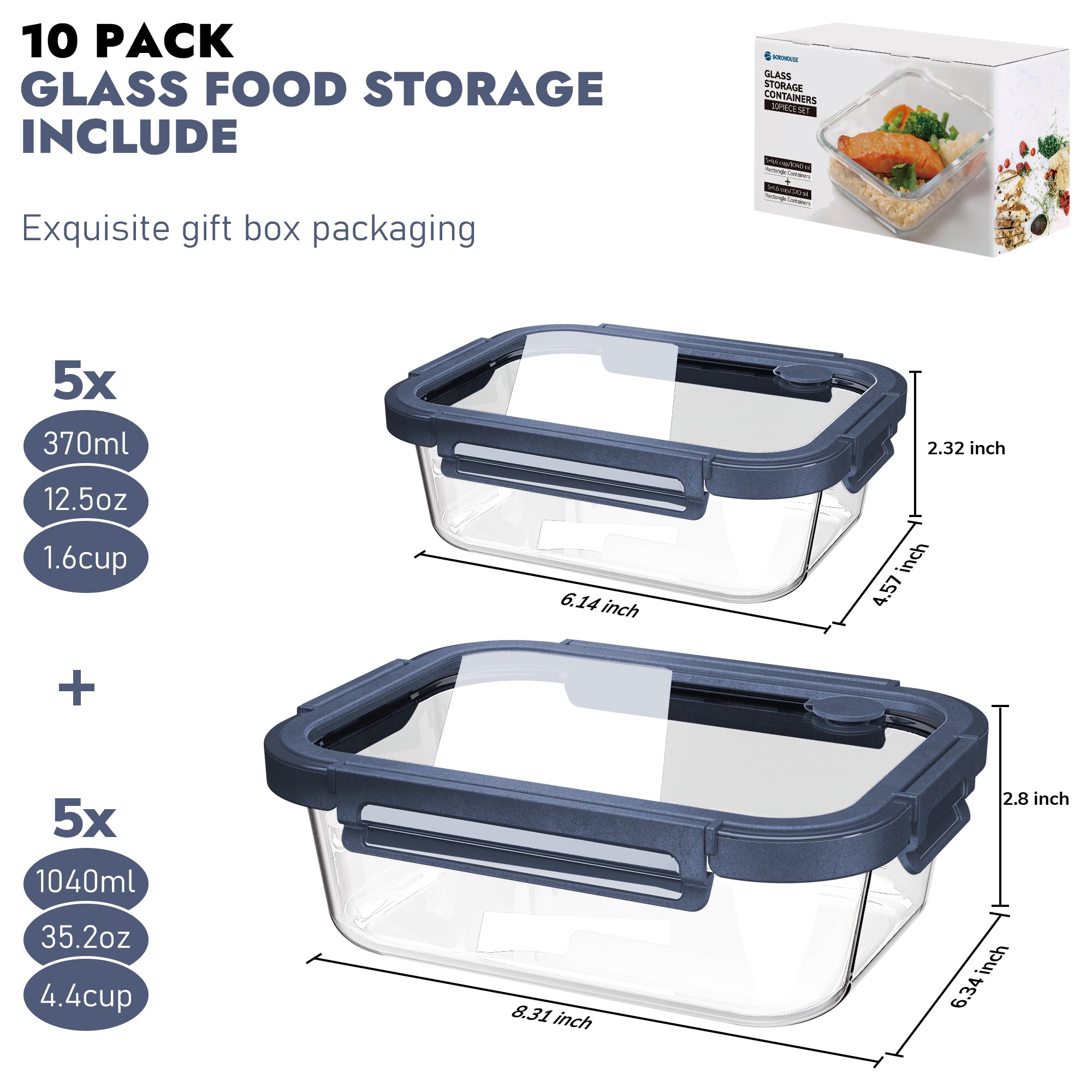 10-Pack Containers Glass Containers with Glass Lids BPA Free, Leak Proof Food Container（Blue）