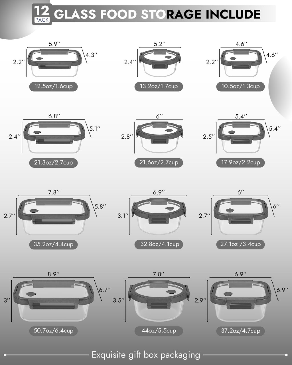 Glass Containers Classification 12-Pack Containers Glass Containers with Glass Lids BPA Free, Leak Pro ...