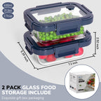 2-Pack Glass Meal Prep Containers,GlassFood Storage Containers with Glass Lids, Sealed Lunch Boxes, Safe for Microwave, Oven, Refrigerator, and Dishwasher (Blue)