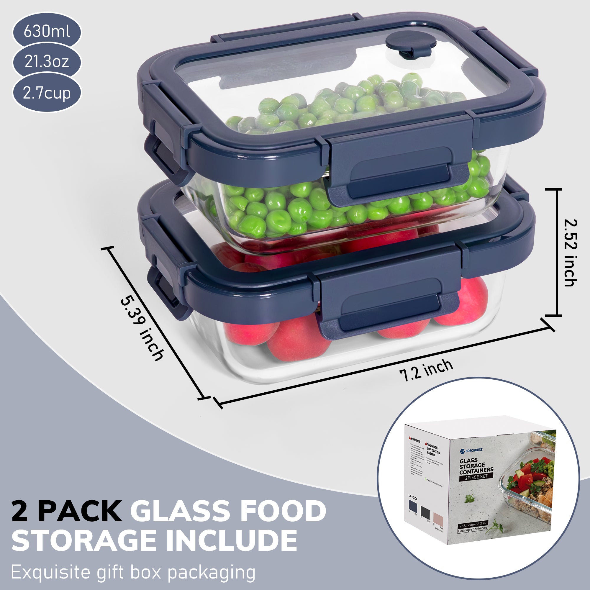 2-Pack Glass Meal Prep Containers,GlassFood Storage Containers with Glass Lids, Sealed Lunch Boxes, Safe for Microwave, Oven, Refrigerator, and Dishwasher (Blue)