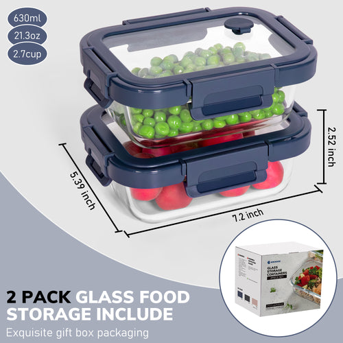 2-Pack Glass Meal Prep Containers,GlassFood Storage Containers with Glass Lids, Sealed Lunch Boxes, Safe for Microwave, Oven, Refrigerator, and Dishwasher (Blue)