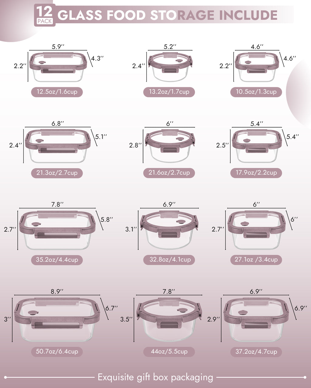12-Pack Containers Glass Containers with Glass Lids BPA Free, Leak Proof Food Container（Pink）