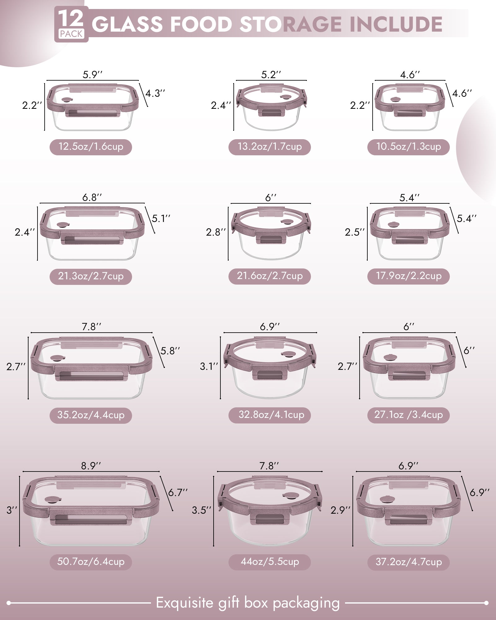 12-Pack Containers Glass Containers with Glass Lids BPA Free, Leak Proof Food Container（Pink）