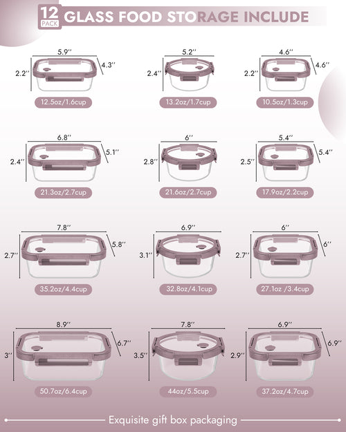 12-Pack Containers Glass Containers with Glass Lids BPA Free, Leak Proof Food Container（Pink）