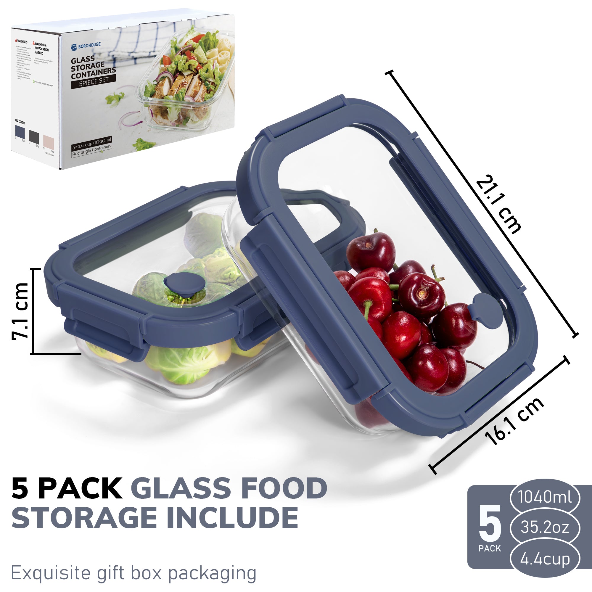 5-Pack Food Storage Containers Glass Containers with Lids BPA Free, Leak Proof Food Container（Blue）