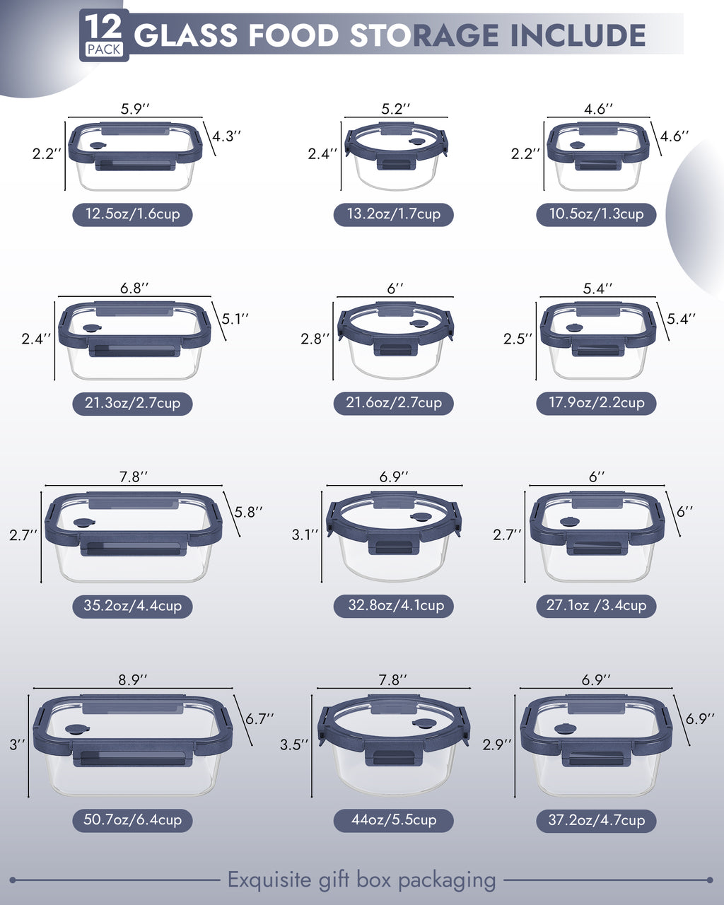 12-Pack Containers Glass Containers with Glass Lids BPA Free, Leak Proof Food Container（Blue）