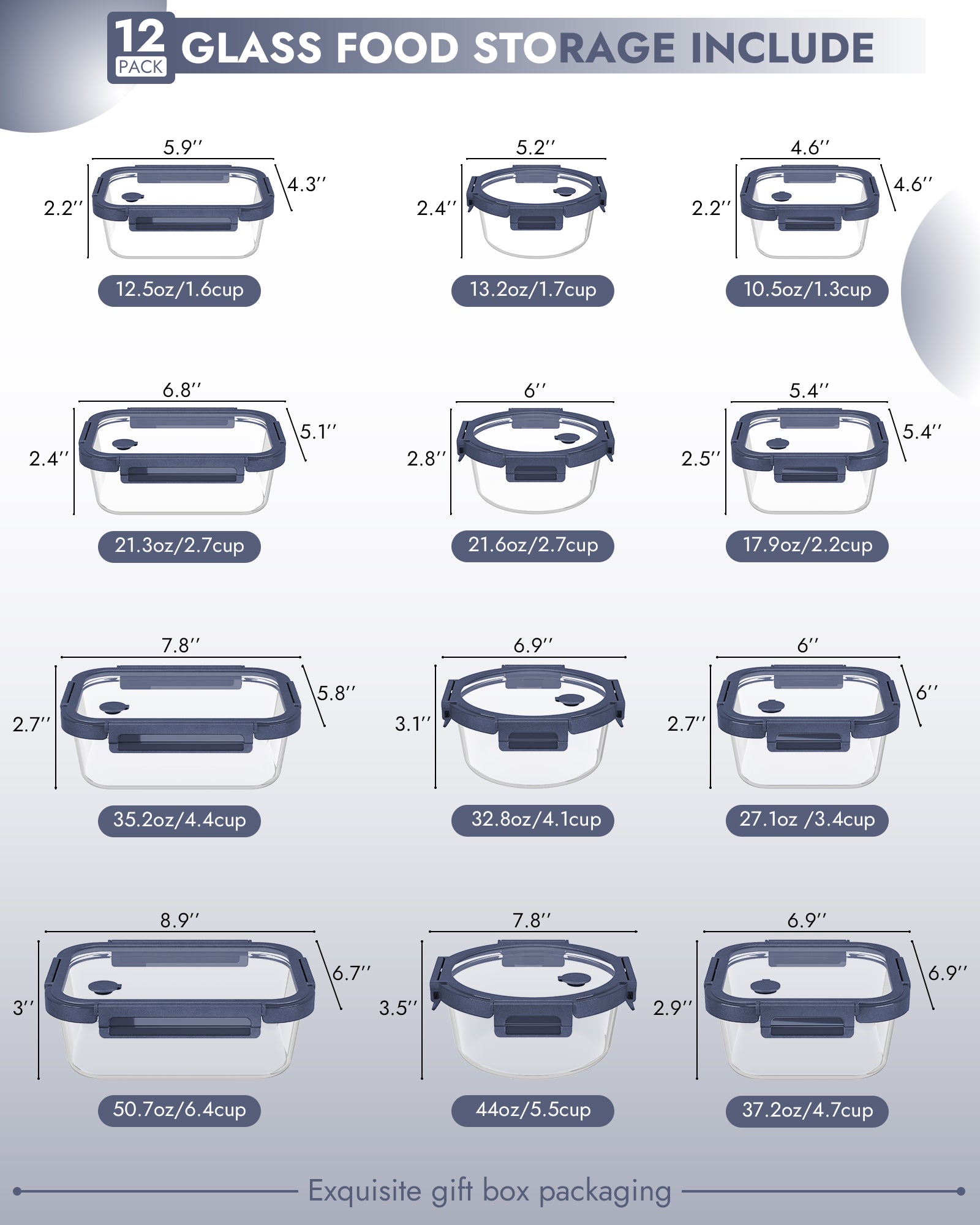 12-Pack Containers Glass Containers with Glass Lids BPA Free, Leak Proof Food Container（Blue）