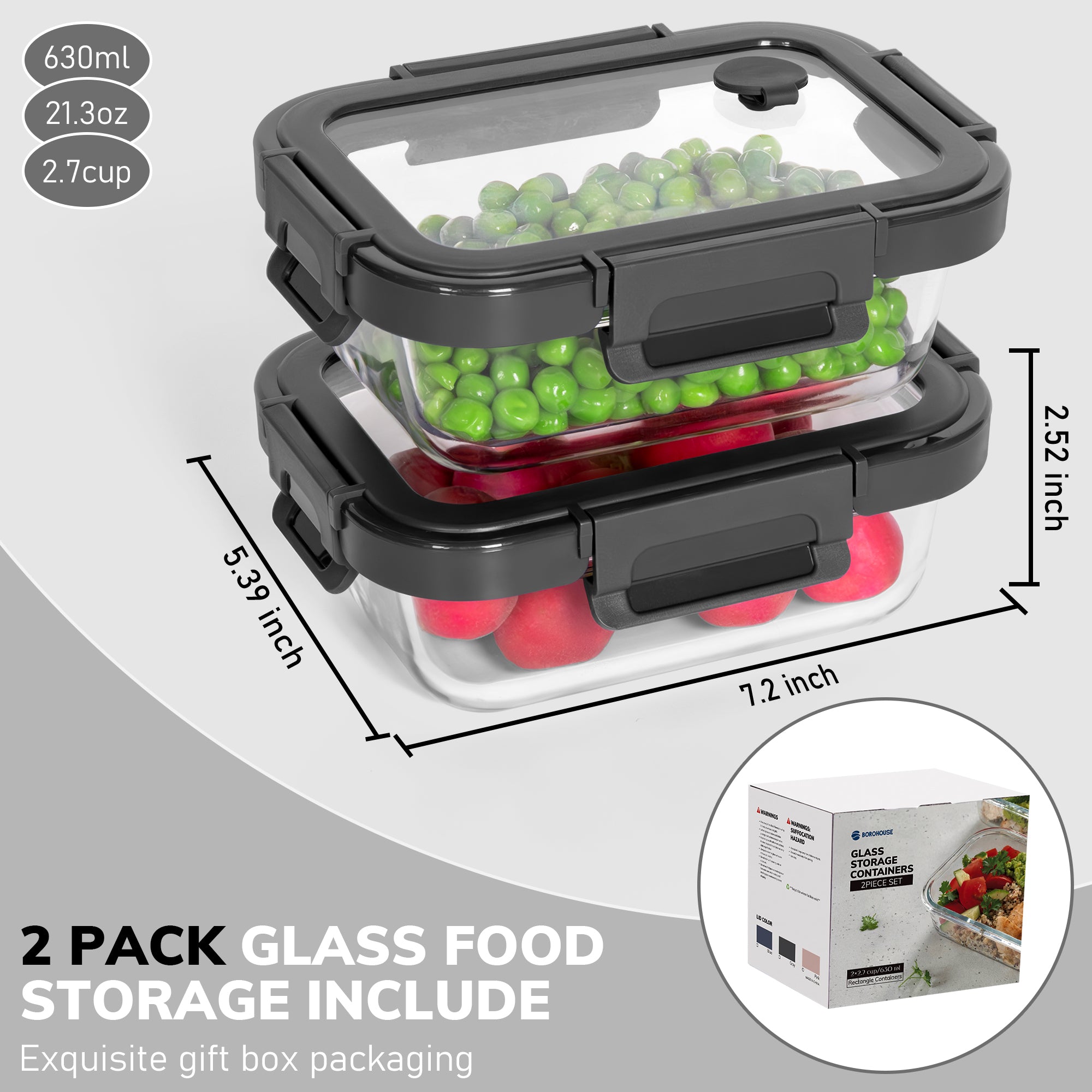 2-Pack Glass Meal Prep Containers,GlassFood Storage Containers with Glass Lids, Sealed Lunch Boxes, Safe for Microwave, Oven, Refrigerator, and Dishwasher（Grey）