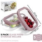 5-Pack Food Storage Containers Glass Containers with Lids BPA Free, Leak Proof Food Container（Pink）