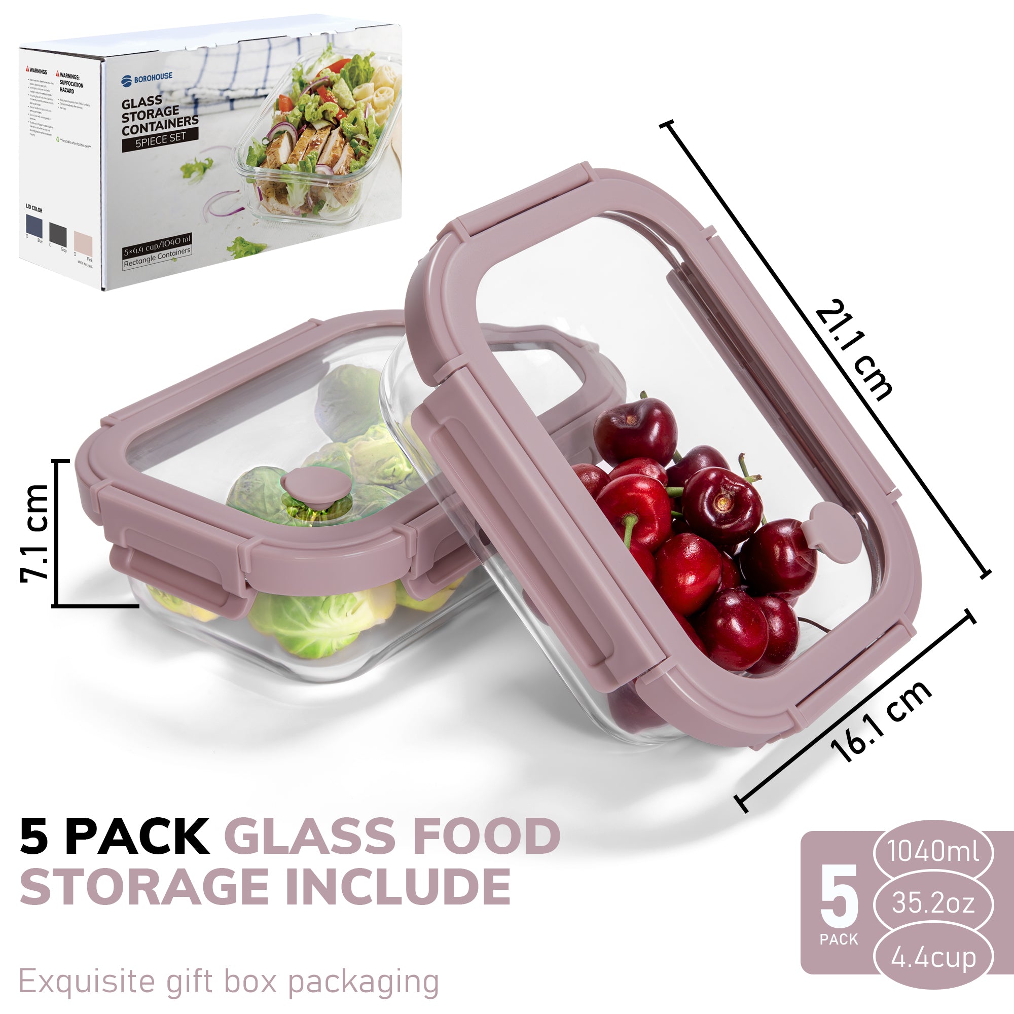 5-Pack Food Storage Containers Glass Containers with Lids BPA Free, Leak Proof Food Container（Pink）