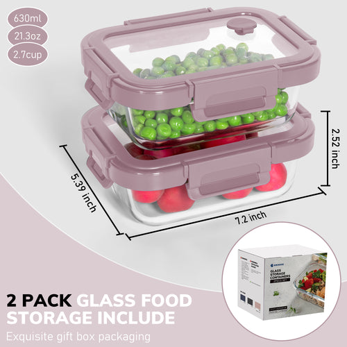 2-Pack Food Storage Containers Glass Containers with Lids BPA Free, Leak Proof Food Container（Pink）