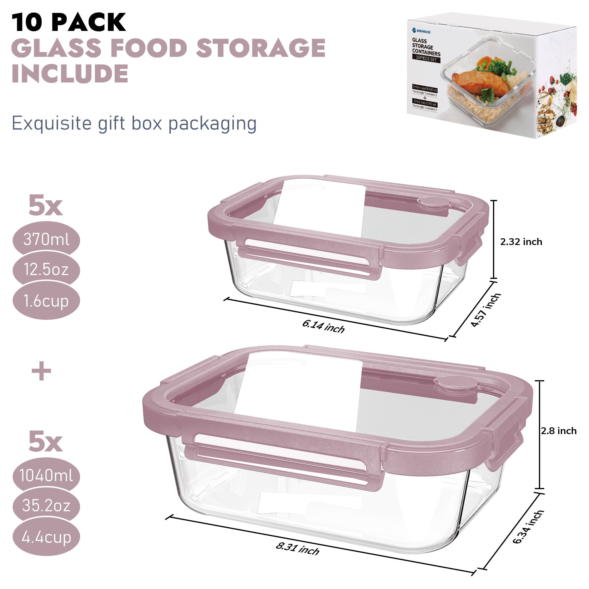 10-Pack Containers Glass Containers with Glass Lids BPA Free, Leak Proof Food Container（Pink）
