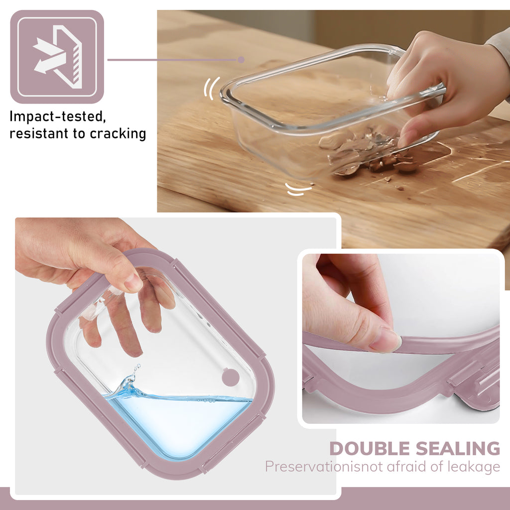 2-Pack Glass Meal Prep Containers,GlassFood Storage Containers with Glass Lids, Sealed Lunch Boxes, Safe for Microwave, Oven, Refrigerator, and Dishwasher（Pink）