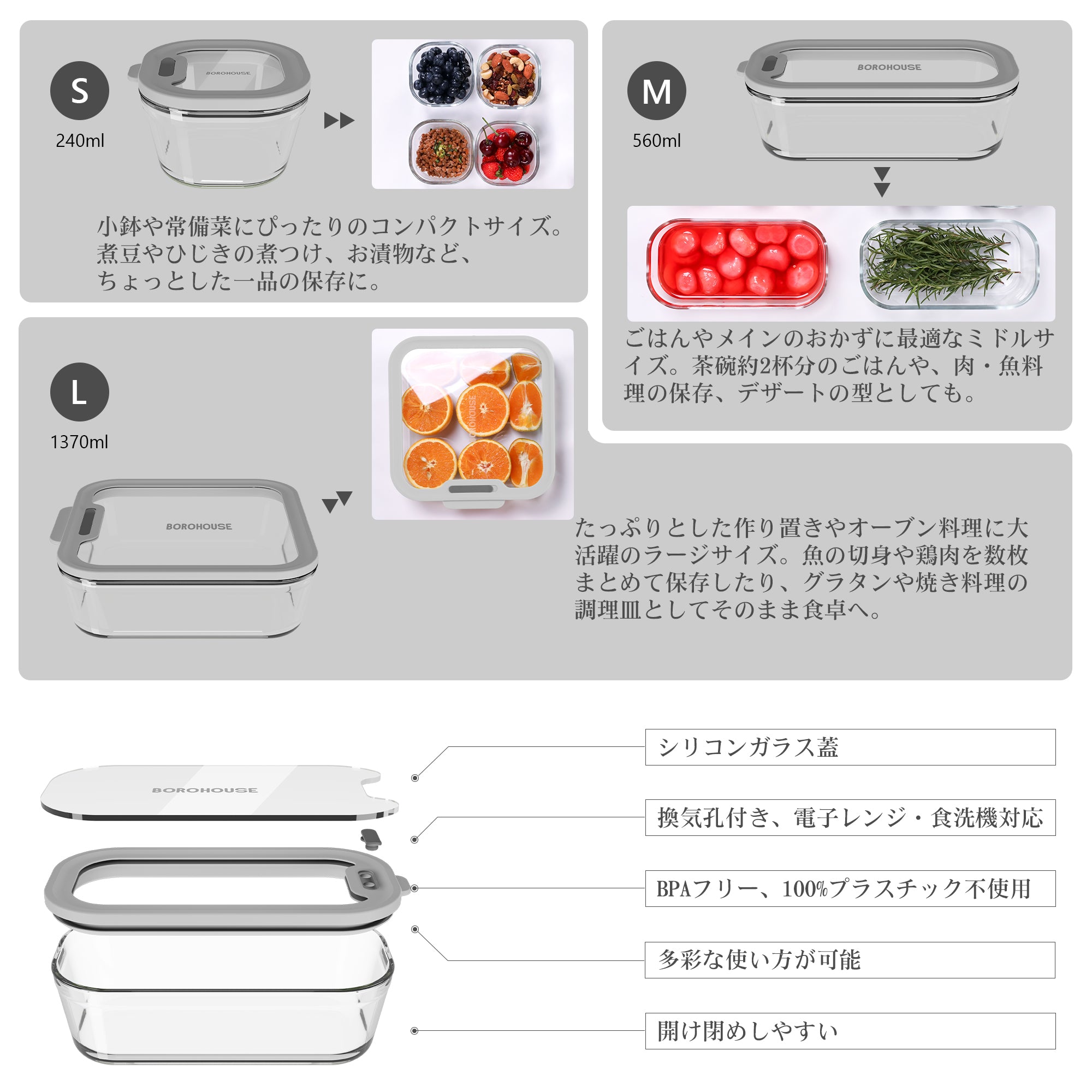 7-Pack Glass food storage container with silicone glass lid, includes gas valve, BPA-free, leak-proof food container（Grey）