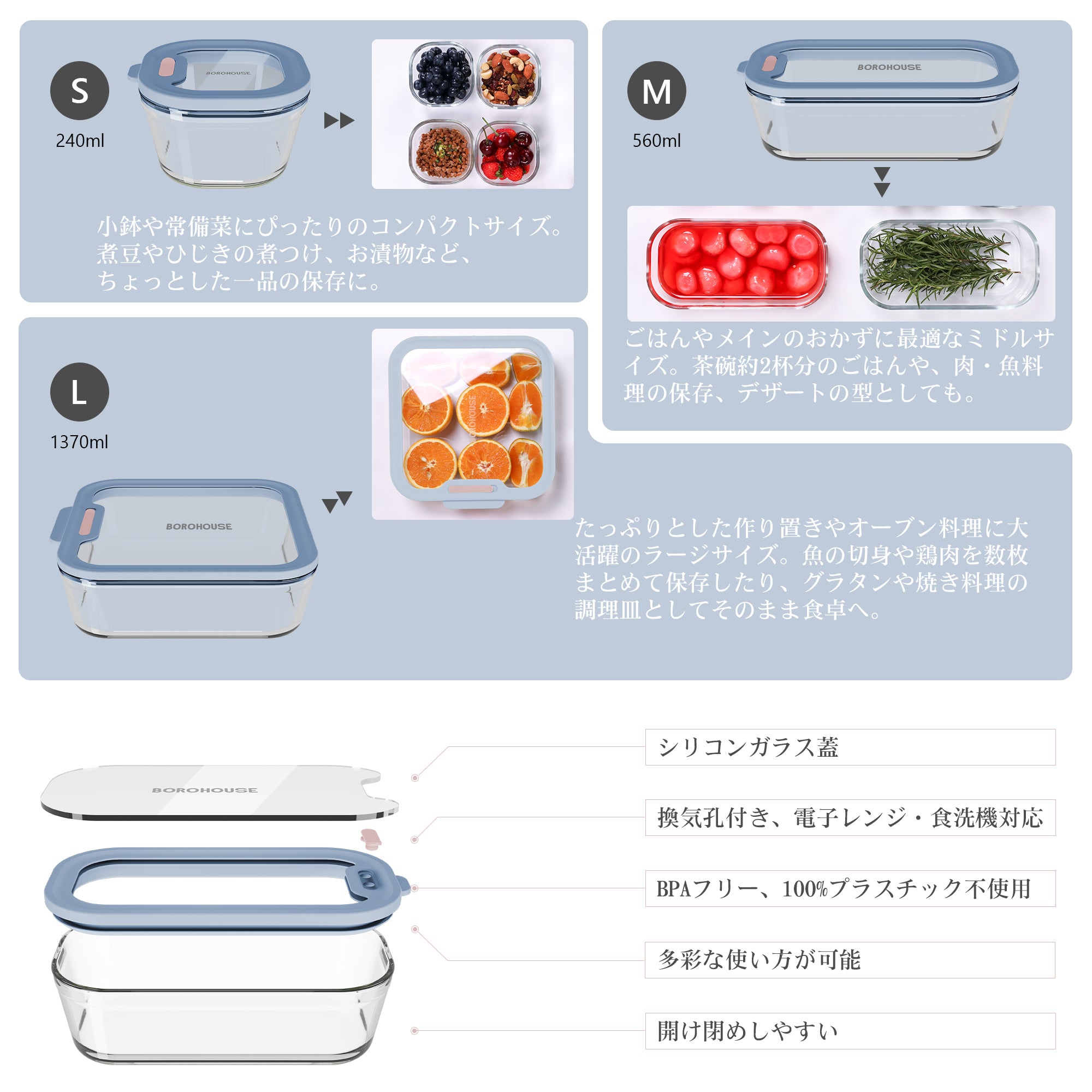 7-Pack Glass food storage container with silicone glass lid, includes gas valve, BPA-free, leak-proof food container（Skyblue）