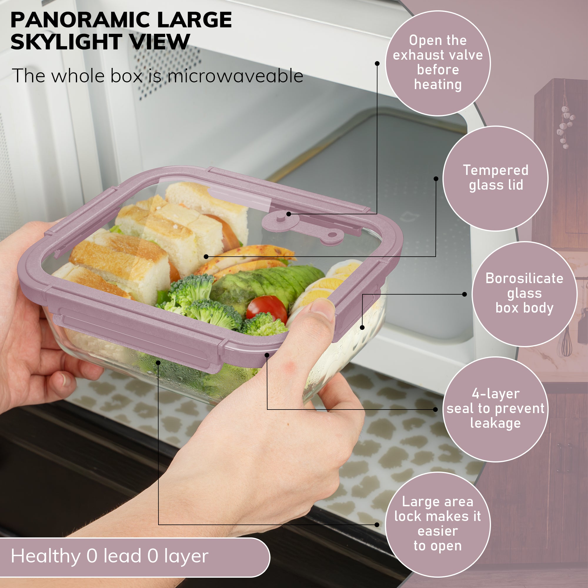 2-Pack Glass Meal Prep Containers,GlassFood Storage Containers with Glass Lids, Sealed Lunch Boxes, Safe for Microwave, Oven, Refrigerator, and Dishwasher（Pink）