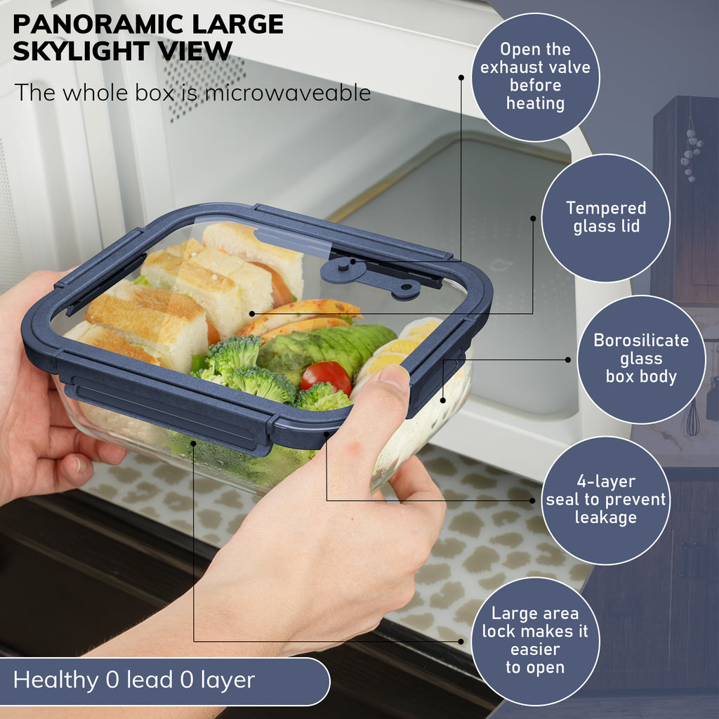 2-Pack Glass Meal Prep Containers,GlassFood Storage Containers with Glass Lids, Sealed Lunch Boxes, Safe for Microwave, Oven, Refrigerator, and Dishwasher (Blue)