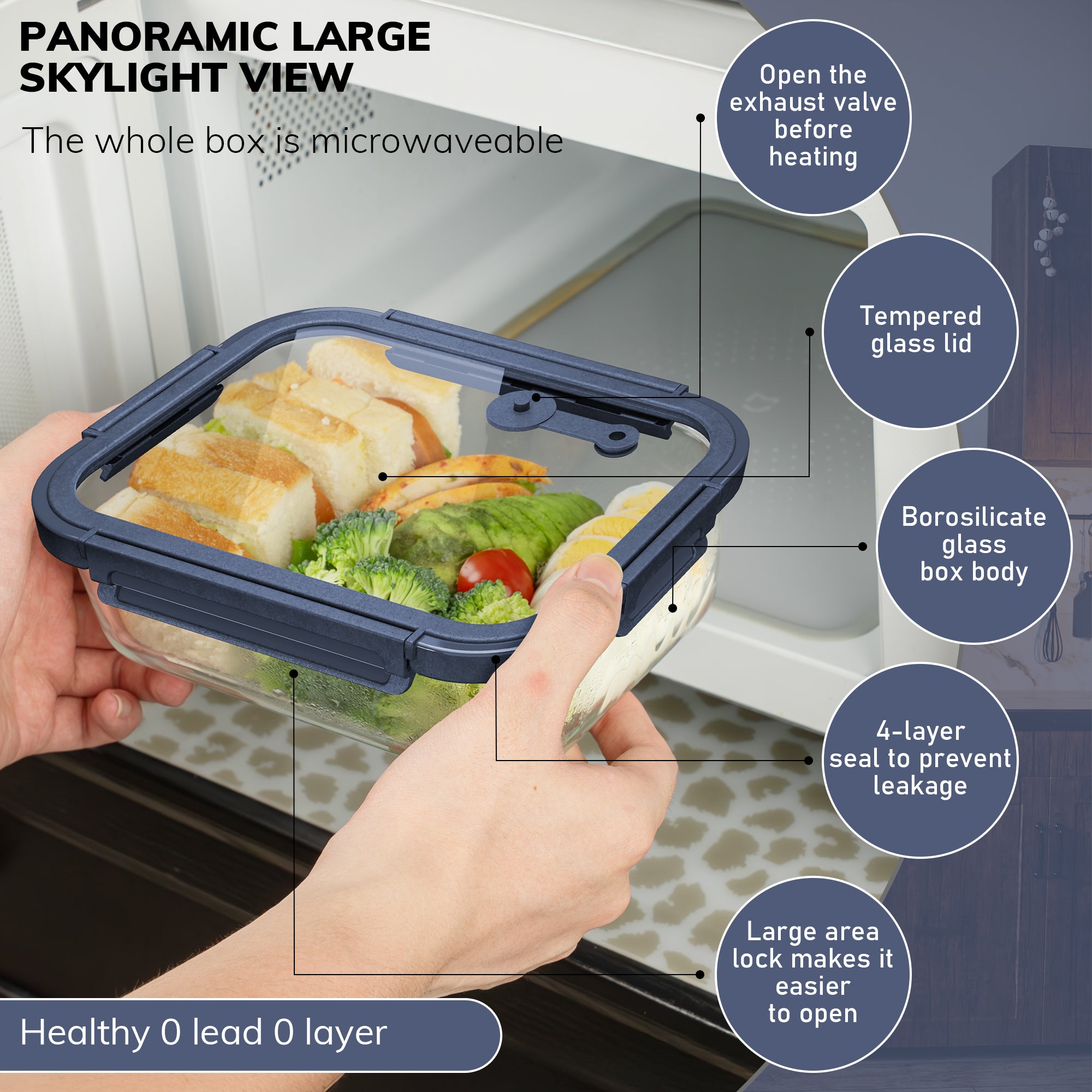 2-Pack Glass Meal Prep Containers,GlassFood Storage Containers with Glass Lids, Sealed Lunch Boxes, Safe for Microwave, Oven, Refrigerator, and Dishwasher (Blue)