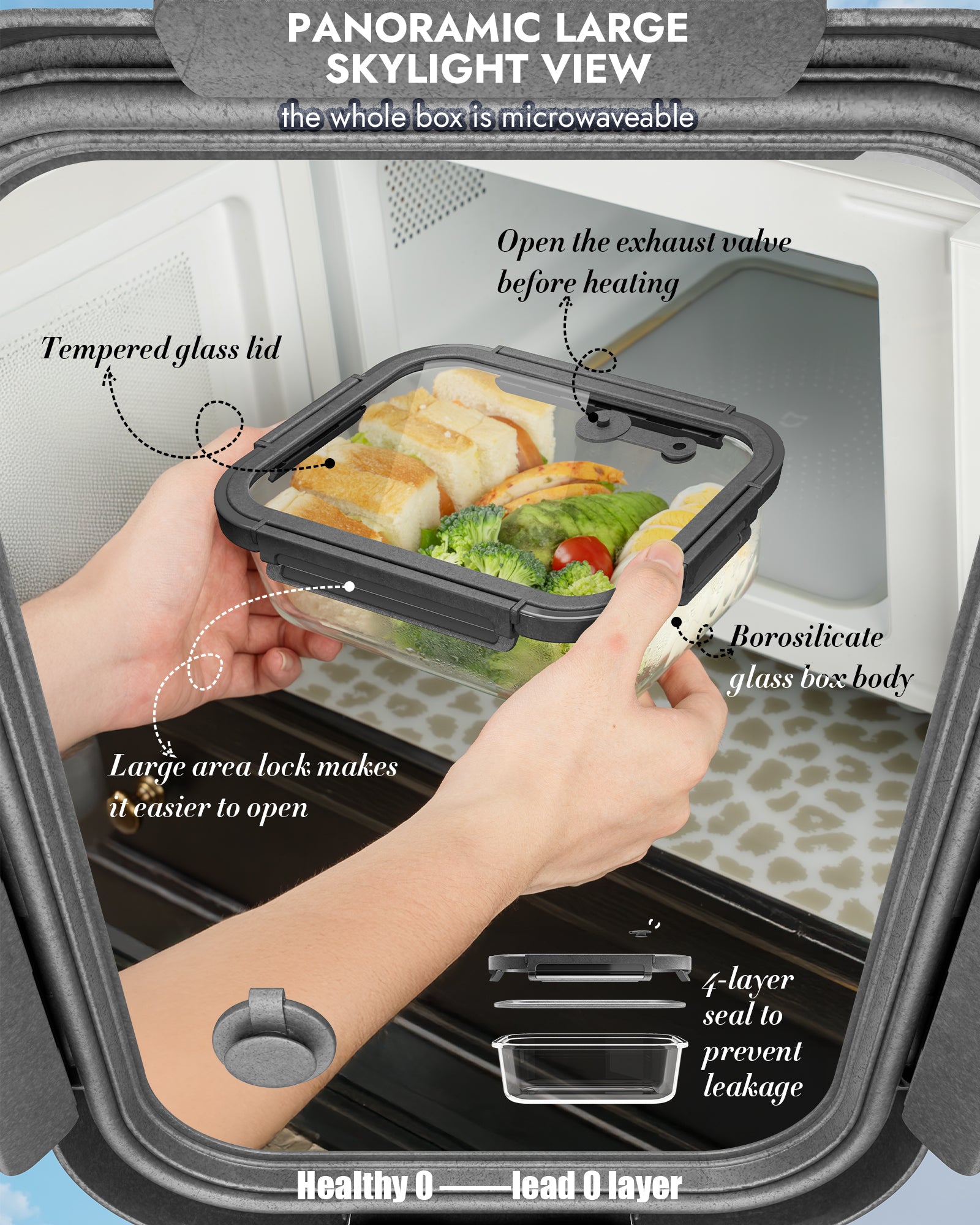 12-Pack Containers Glass Containers with Glass Lids BPA Free, Leak Proof Food Container（Grey）