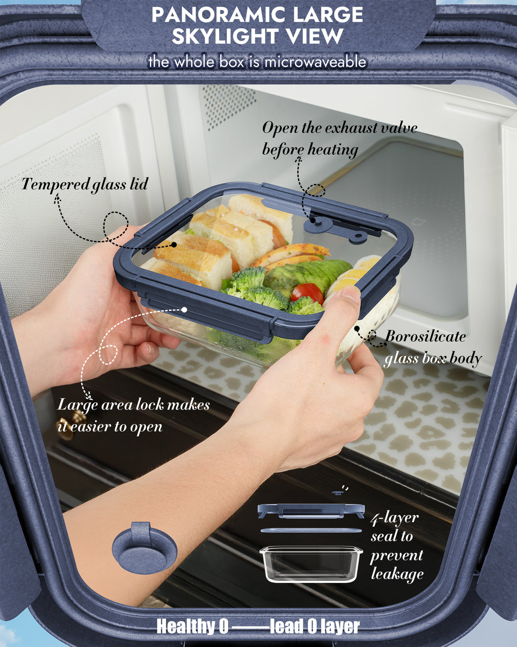 12-Pack Containers Glass Containers with Glass Lids BPA Free, Leak Proof Food Container（Blue）