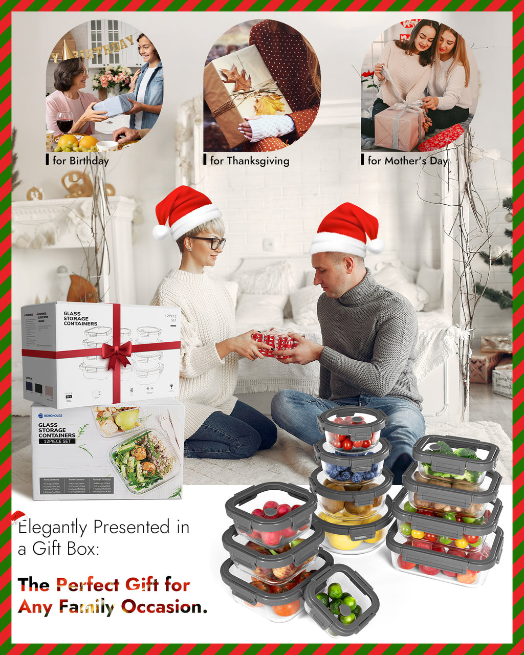 12-Pack Containers Glass Containers with Glass Lids BPA Free, Leak Proof Food Container（Grey）