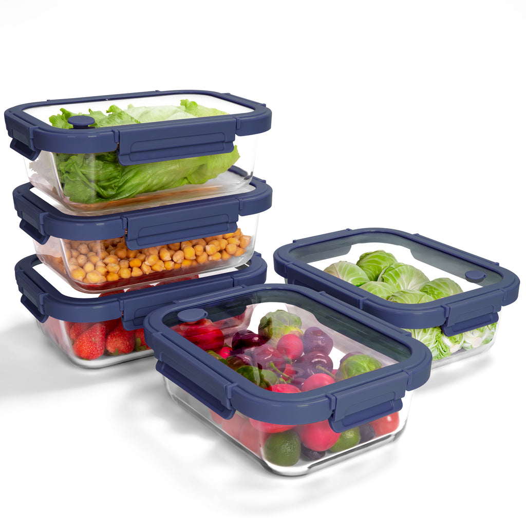 5-Pack Food Storage Containers Glass Containers with Lids BPA Free, Leak Proof Food Container（Blue）