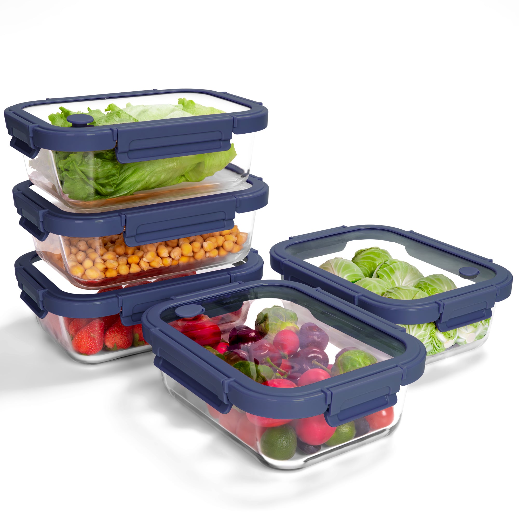 5-Pack Food Storage Containers Glass Containers with Lids BPA Free, Leak Proof Food Container（Blue）