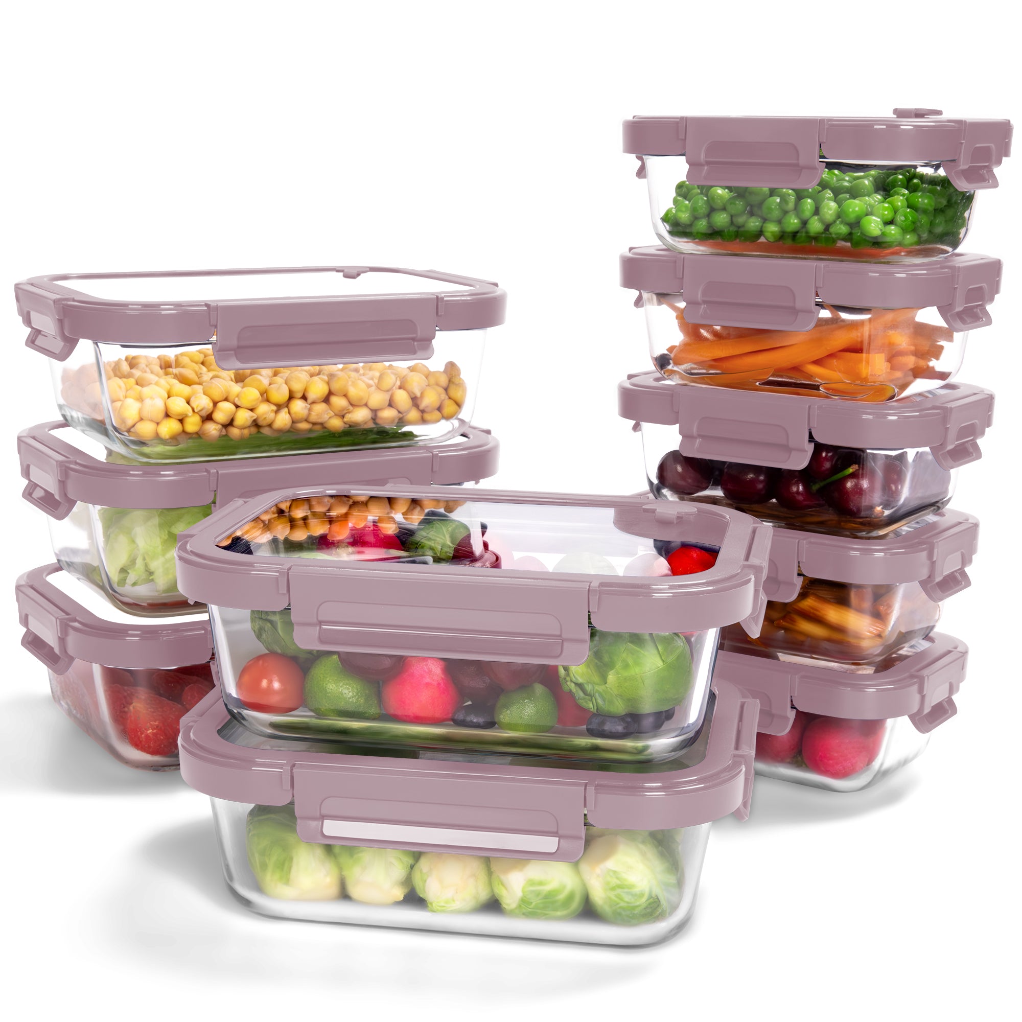 10-Pack Containers Glass Containers with Glass Lids BPA Free, Leak Proof Food Container（Pink）
