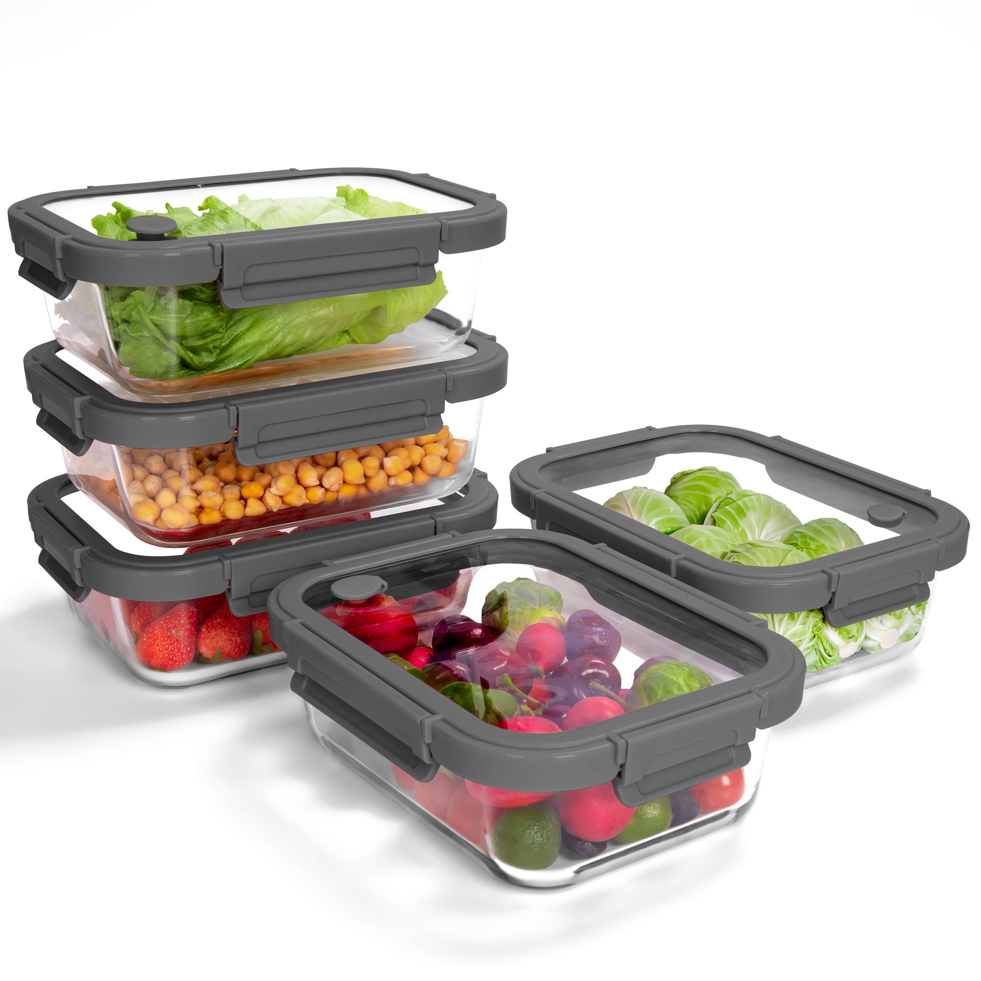 5-Pack Food Storage Containers Glass Containers with Lids BPA Free, Leak Proof Food Container（Grey）