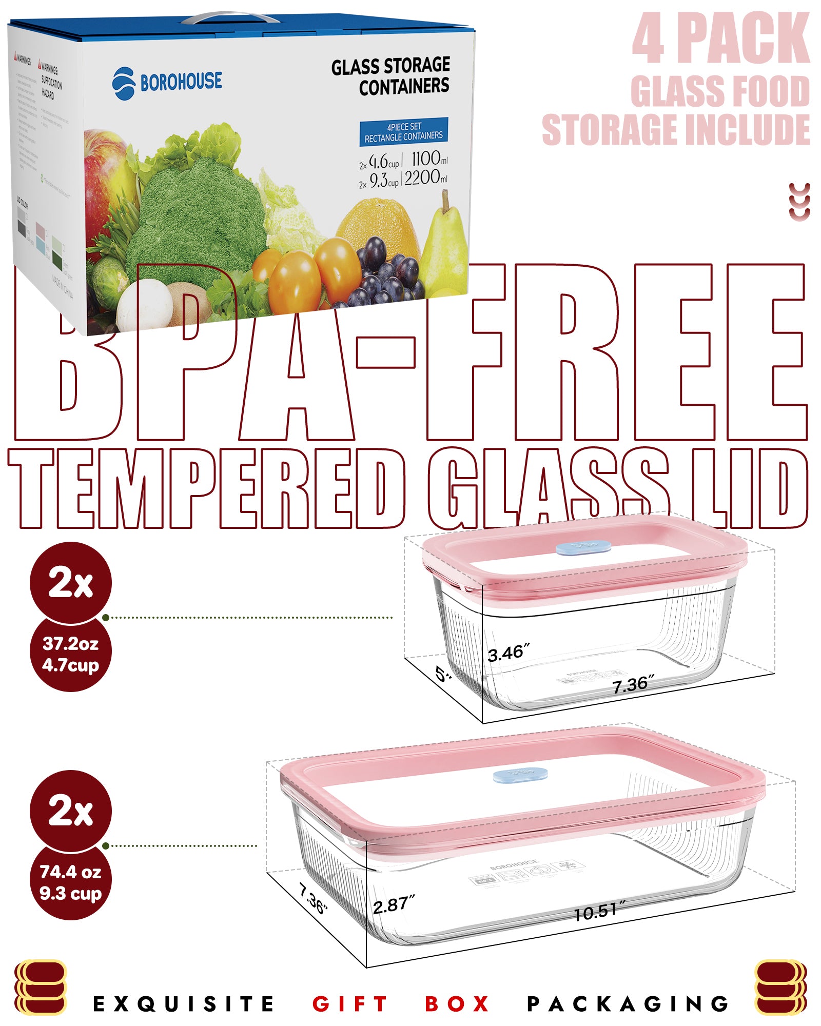 4-Pack Glass Food Storage Containers with Tempered Glass Lids, 2x 4.7 Cup & 2x 9.3 Cup, Airtight, Oven & Microwave Safe Borosilicate Glass (-4°F to 950°F) Pink