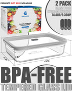 2 Pack Glass Food Storage Containers with Tempered Glass Lids & Steam Valve, 74oz(9.3 Cup) Airtight Leak-Proof Meal Prep Containers for Microwave/Oven/Freezer, Borosilicate Glass, Gift Box