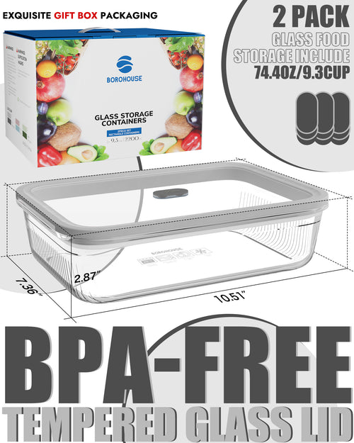 2 Pack Glass Food Storage Containers with Tempered Glass Lids & Steam Valve, 74oz(9.3 Cup) Airtight Leak-Proof Meal Prep Containers for Microwave/Oven/Freezer, Borosilicate Glass, Gift Box(Gray)