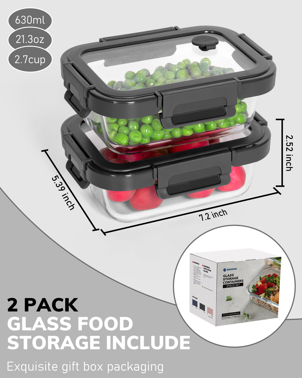 2-Pack Food Storage Containers Glass Containers with Lids BPA Free, Leak Proof Food Container（Gray）