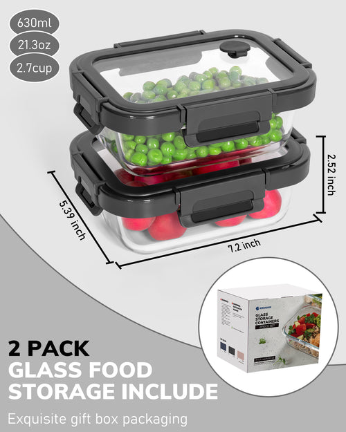 2-Pack Food Storage Containers Glass Containers with Lids BPA Free, Leak Proof Food Container（Gray）