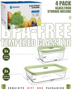 4-Pack Glass Container Set (2x 4.6 Cup & 2x 9.3 Cup), Ultimate Food Storage & Meal Prep with Easy-Open Valve, Tempered Glass Lids, Leakproof, Freezer to Oven Safe（Green）