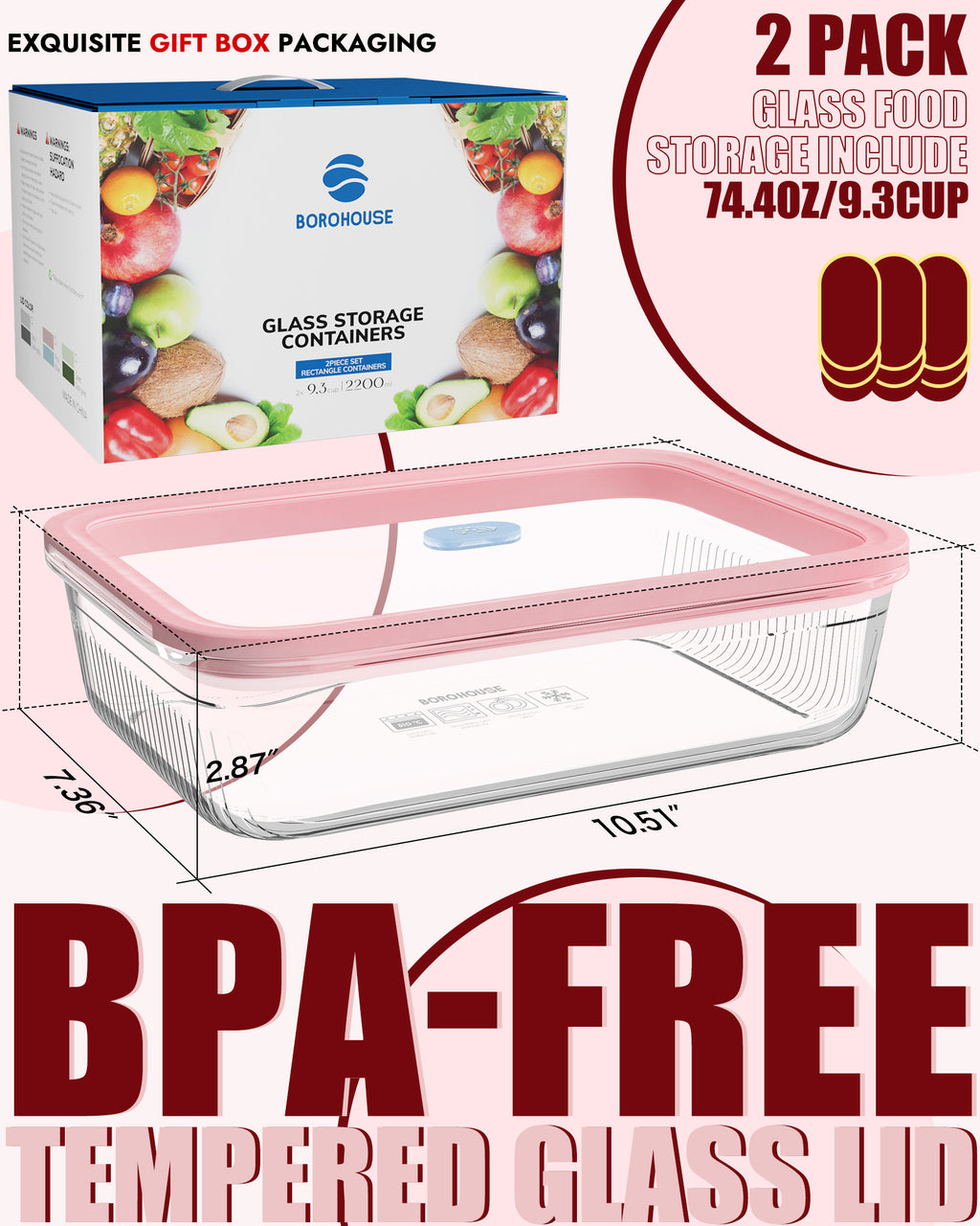 2 Pack Glass Food Storage Containers with Tempered Glass Lids & Steam Valve, 74oz(9.3 Cup) Airtight Leak-Proof Meal Prep Containers for Microwave/Oven/Freezer, Borosilicate Glass, Gift Box(Pink)