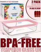 2 Pack Glass Food Storage Containers with Tempered Glass Lids & Steam Valve, 74oz(9.3 Cup) Airtight Leak-Proof Meal Prep Containers for Microwave/Oven/Freezer, Borosilicate Glass, Gift Box(Pink)
