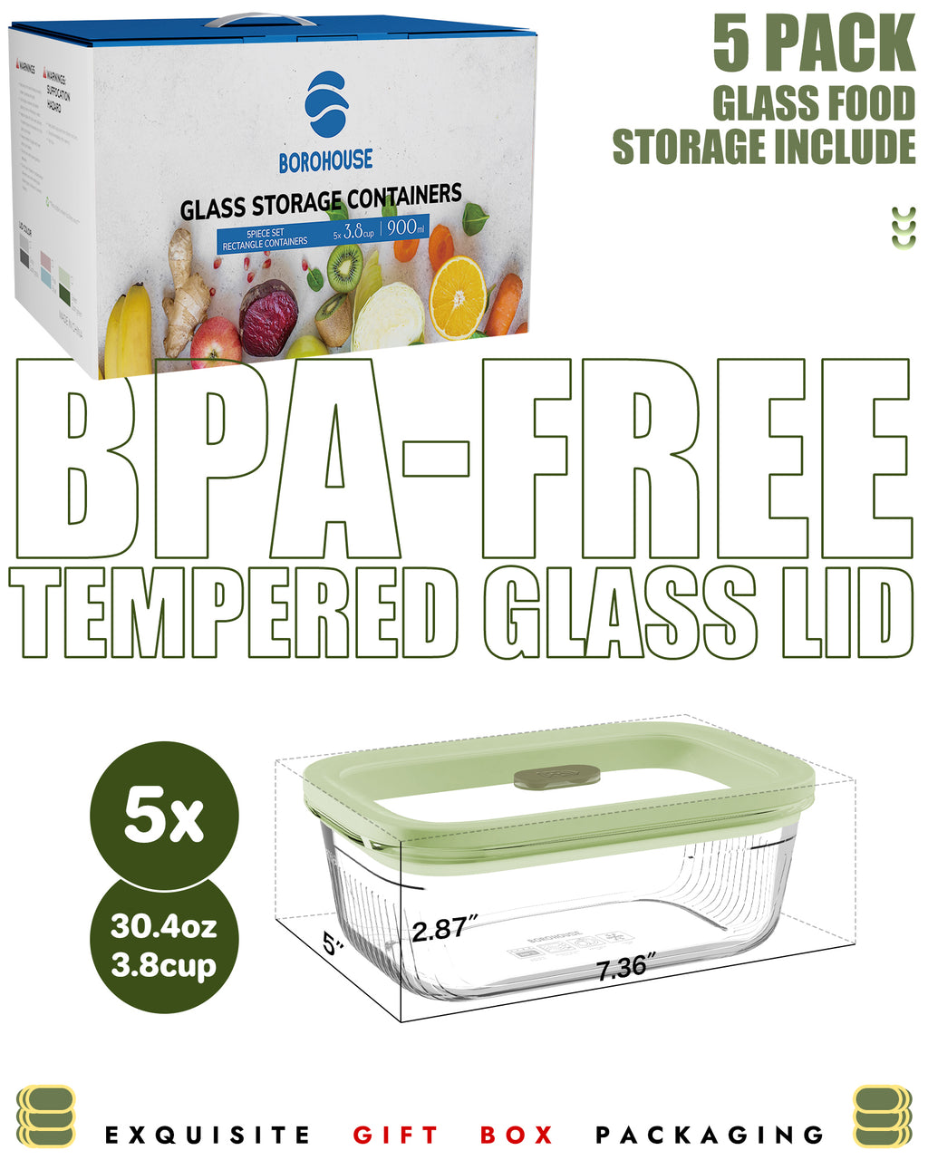 4-Pack Glass Food Storage Containers with Tempered Glass Lids, 4.6 Cup (37.2oz) Airtight, Oven & Microwave Safe (-4°F~950°F), Leakproof Meal Prep & Lunch Containers（Green）