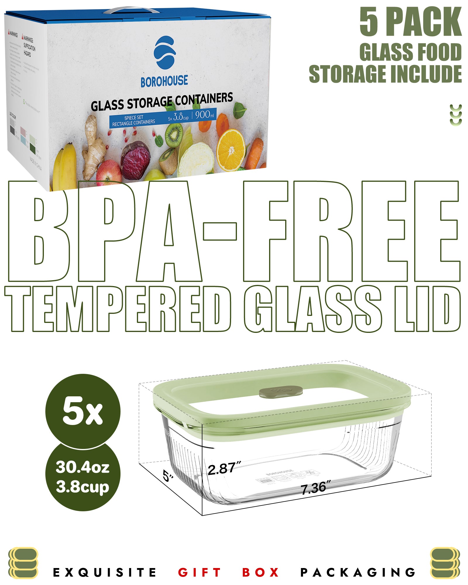4-Pack Glass Food Storage Containers with Tempered Glass Lids, 4.6 Cup (37.2oz) Airtight, Oven & Microwave Safe (-4°F~950°F), Leakproof Meal Prep & Lunch Containers（Green）