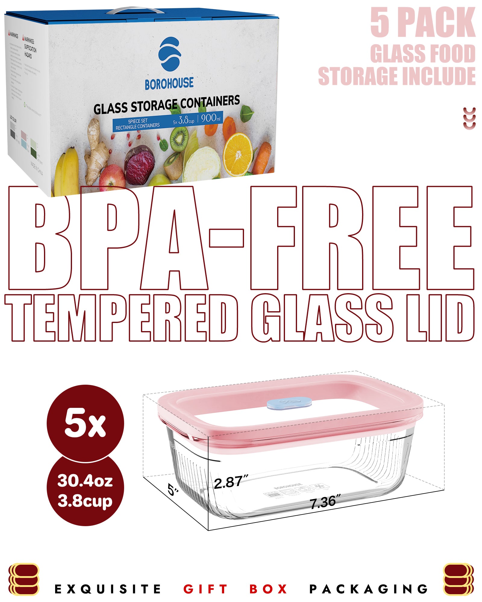 4-Pack Glass Food Storage Containers with Tempered Glass Lids, 4.6 Cup (37.2oz) Airtight, Oven & Microwave Safe (-4°F~950°F), Leakproof Meal Prep & Lunch Containers（Pink）