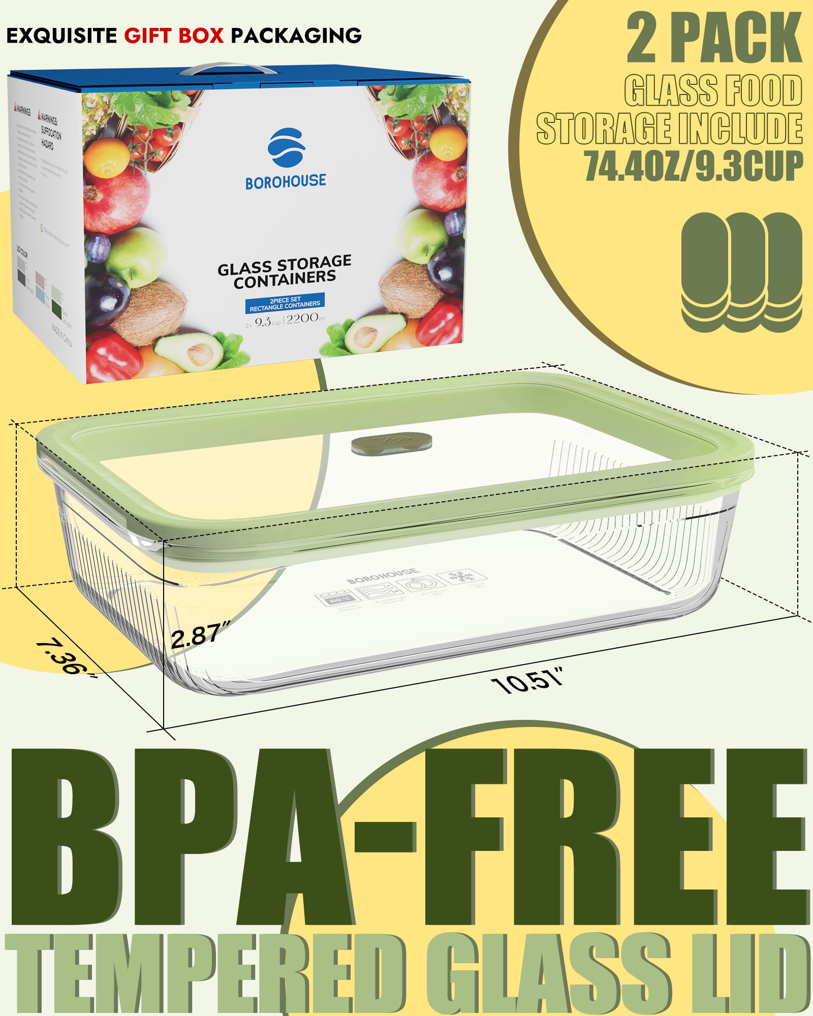 2 Pack Glass Food Storage Containers with Tempered Glass Lids & Steam Valve, 74oz(9.3 Cup) Airtight Leak-Proof Meal Prep Containers for Microwave/Oven/Freezer, Borosilicate Glass, Gift Box(Green)