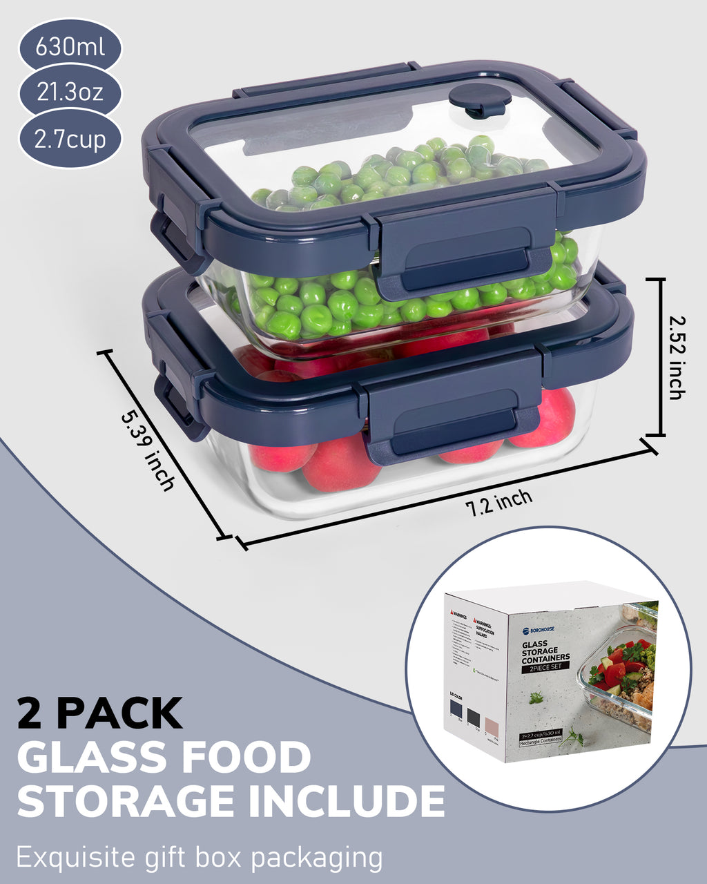 2-Pack Food Storage Containers Glass Containers with Lids BPA Free, Leak Proof Food Container（Blue）