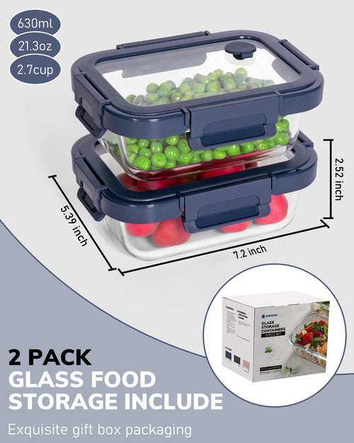 2-Pack Food Storage Containers Glass Containers with Lids BPA Free, Leak Proof Food Container（Blue）